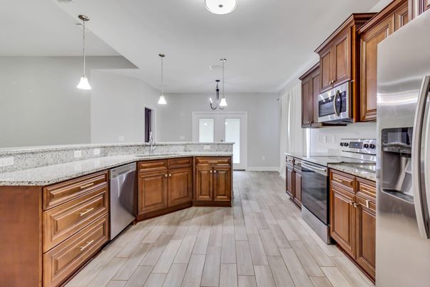 Interior, Kitchen, Pendant Lights, Stainless Steel Appliances, Wood Texture Flooring