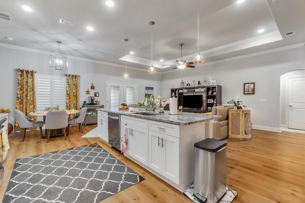 Dining room, Interior, Kitchen, Pendant Lights, Recessed Lighting, Wood Texture Flooring