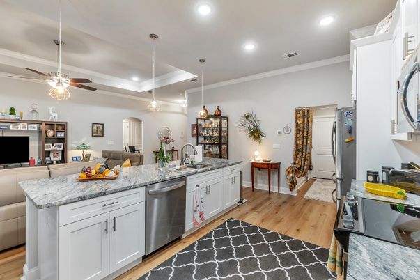 Interior, Kitchen, Pendant Lights, Recessed Lighting, Wood Texture Flooring
