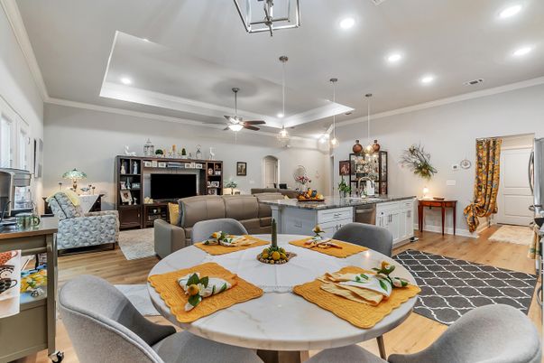 Dining room, Interior, Kitchen, Living room, Pendant Lights, Recessed Lighting, Wood Texture Flooring