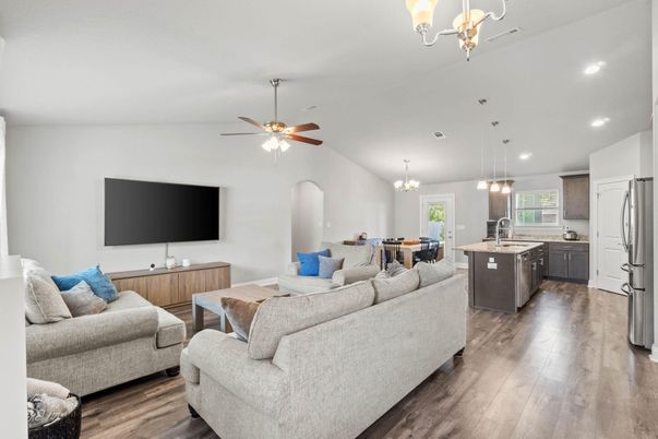Chandelier, Dining room, Interior, Kitchen, Living room, Pendant Lights, Recessed Lighting, Wood Texture Flooring