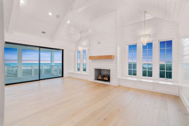 Empty room, Fireplace, Interior, Pendant Lights, Recessed Lighting, Wood Texture Flooring