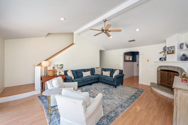 Fireplace, Interior, Living room, Recessed Lighting, Wood Texture Flooring