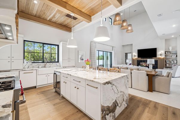 Fireplace, Interior, Kitchen, Living room, Pendant Lights, Recessed Lighting, Stainless Steel Appliances, Wooden Beams, Wooden Ceilings, Wood Texture Flooring