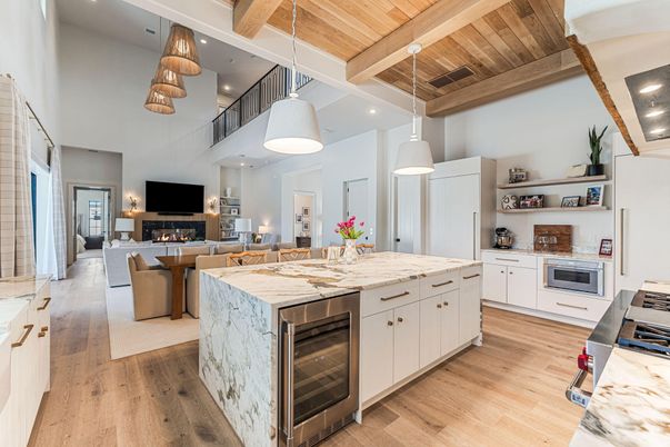 Fireplace, Interior, Kitchen, Living room, Pendant Lights, Recessed Lighting, Stainless Steel Appliances, Wooden Beams, Wooden Ceilings, Wood Texture Flooring