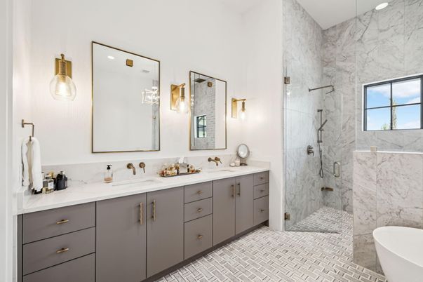 Bathroom, Dual Sink Vanities, Free Standing Baths, Glass Shower, Interior, Marble Walls, Recessed Lighting