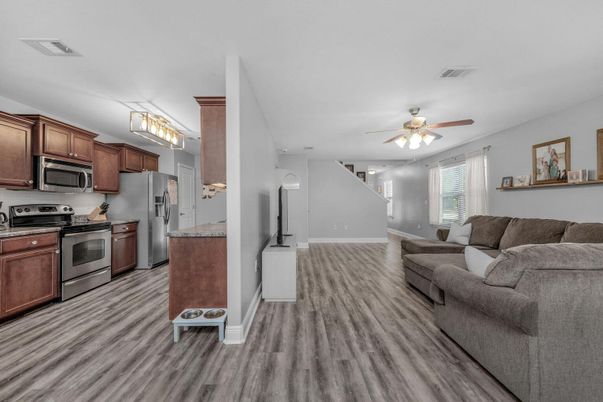 Interior, Kitchen, Living room, Stainless Steel Appliances, Wood Texture Flooring