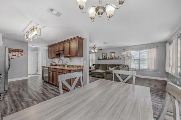 Chandelier, Dining room, Interior, Kitchen, Living room, Wood Texture Flooring