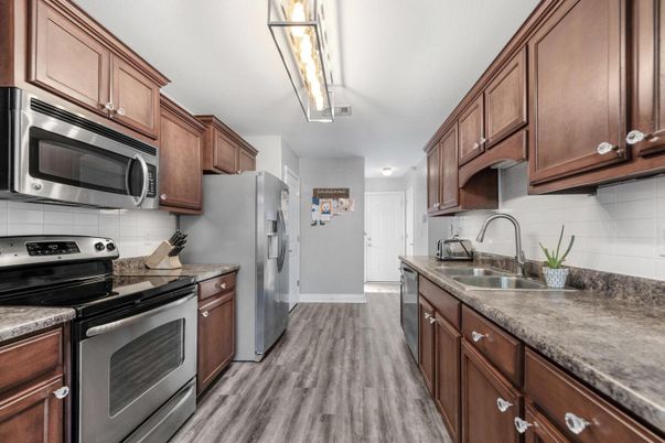 Interior, Kitchen, Stainless Steel Appliances, Wood Texture Flooring