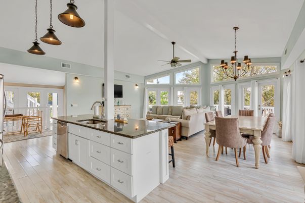 Dining room, Interior, Kitchen, Living room, Pendant Lights, Wood Texture Flooring
