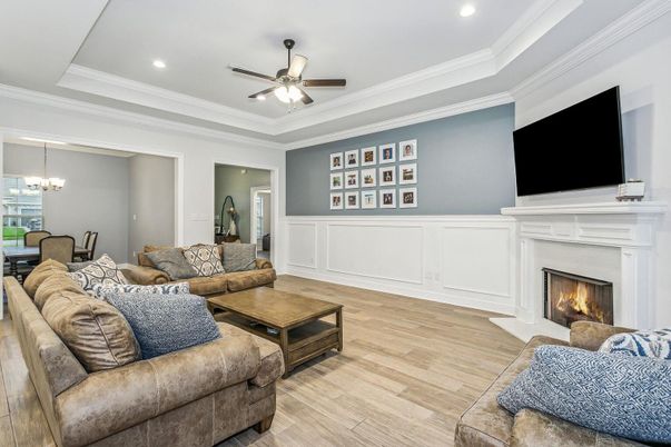 Chandelier, Dining room, Fireplace, Interior, Living room, Recessed Lighting, Wood Texture Flooring