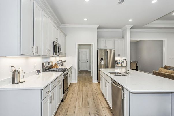 Interior, Kitchen, Recessed Lighting, Stainless Steel Appliances, Wood Texture Flooring