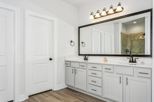Bathroom, Dual Sink Vanities, Interior, Recessed Lighting, Wood Texture Flooring