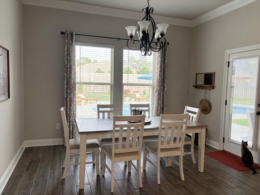 Chandelier, Dining room, Interior, Wood Texture Flooring