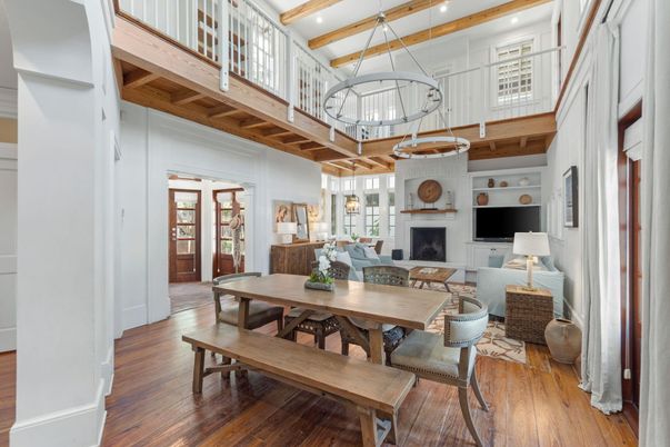 Dining room, Fireplace, Interior, Living room, Pendant Lights, Wooden Beams, Wood Texture Flooring