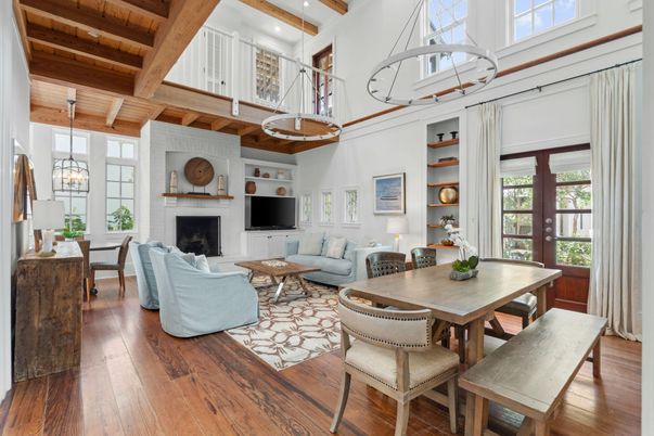 Dining room, Fireplace, Interior, Living room, Pendant Lights, Recessed Lighting, Wooden Beams, Wooden Ceilings, Wood Texture Flooring
