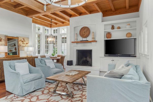 Dining room, Fireplace, Interior, Living room, Pendant Lights, Wooden Beams, Wooden Ceilings, Wood Texture Flooring