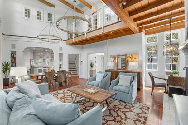 Chandelier, Dining room, Interior, Kitchen, Living room, Pendant Lights, Wooden Beams, Wooden Ceilings, Wood Texture Flooring