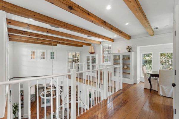 Dining room, Interior, Pendant Lights, Recessed Lighting, Wooden Beams, Wood Texture Flooring