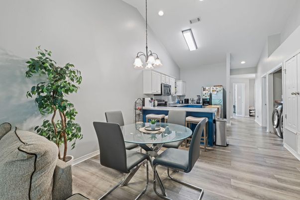 Chandelier, Dining room, Interior, Kitchen, Pendant Lights, Recessed Lighting, Wood Texture Flooring