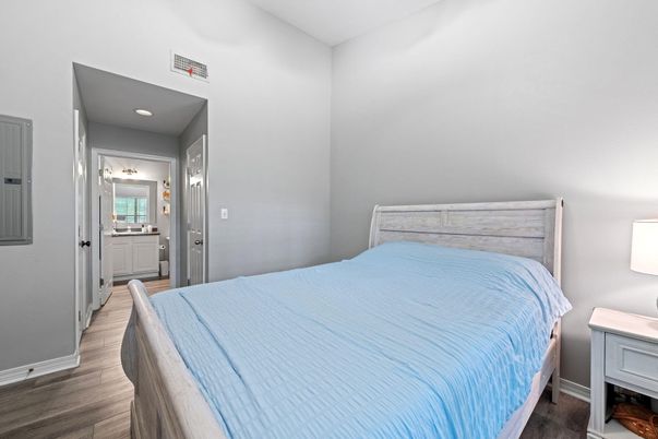 Bedroom, Interior, Recessed Lighting, Wood Texture Flooring