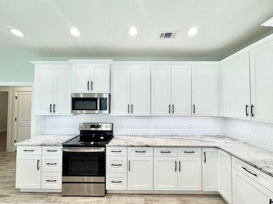Interior, Kitchen, Recessed Lighting, Stainless Steel Appliances, Wood Texture Flooring