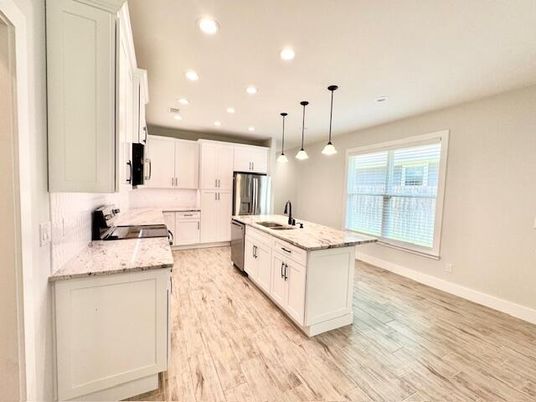 Interior, Kitchen, Pendant Lights, Recessed Lighting, Stainless Steel Appliances, Wood Texture Flooring