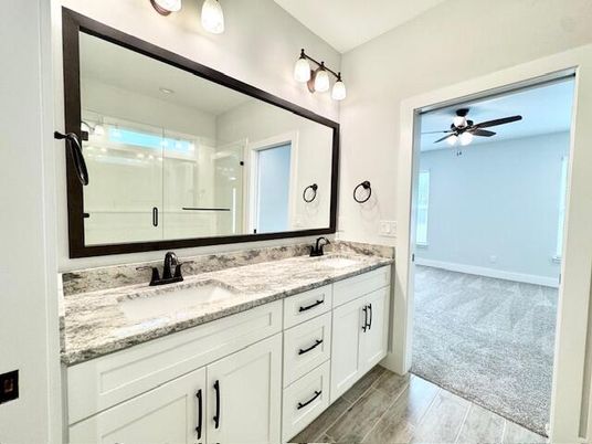 Bathroom, Dual Sink Vanities, Interior, Wood Texture Flooring