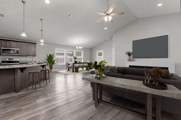 Chandelier, Dining room, Interior, Kitchen, Pendant Lights, Recessed Lighting, Stainless Steel Appliances, Wood Texture Flooring