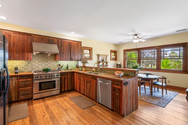 Dining room, Interior, Kitchen, Recessed Lighting, Stainless Steel Appliances, Wood Texture Flooring