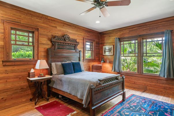 Bedroom, Interior, Recessed Lighting, Wood Texture Flooring, Wooden Walls