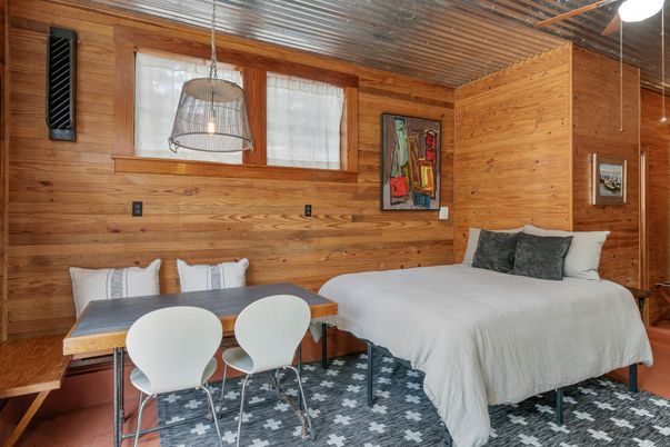 Bedroom, Dining room, Interior, Pendant Lights, Wooden Walls