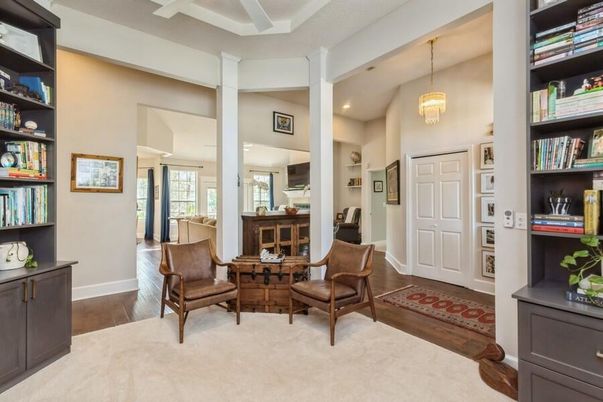 Chandelier, Home Office, Interior, Pendant Lights, Recessed Lighting, Wood Texture Flooring