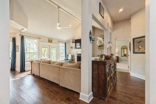 Fireplace, Interior, Living room, Recessed Lighting, Wood Texture Flooring