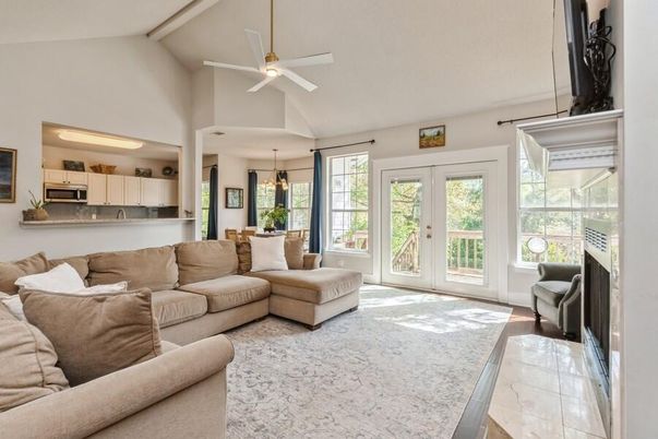 Dining room, Fireplace, Interior, Kitchen, Living room, Pendant Lights, Stainless Steel Appliances