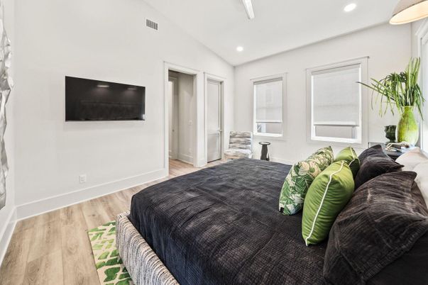 Bedroom, Interior, Recessed Lighting, Wood Texture Flooring