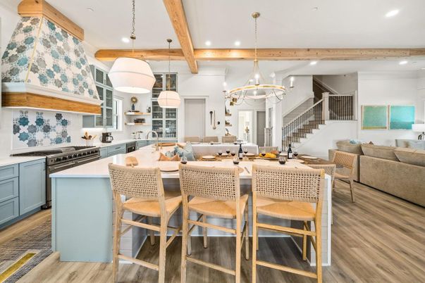 Chandelier, Interior, Kitchen, Pendant Lights, Recessed Lighting, Stainless Steel Appliances, Wooden Beams, Wood Texture Flooring