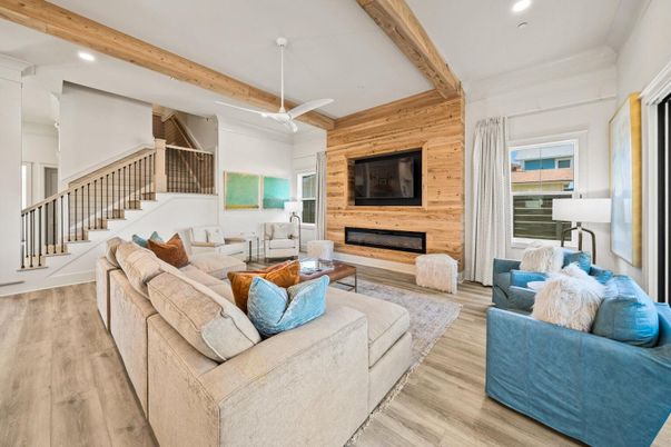 Fireplace, Interior, Living room, Recessed Lighting, Wooden Beams, Wood Texture Flooring, Wooden Walls