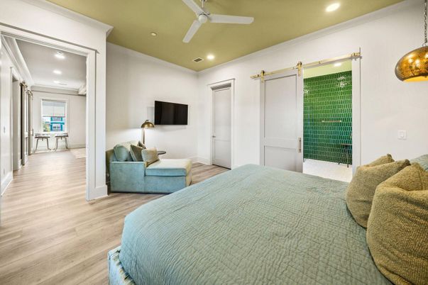 Bedroom, Interior, Pendant Lights, Recessed Lighting, Wood Texture Flooring