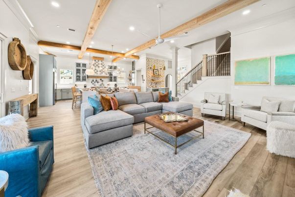 Dining room, Interior, Kitchen, Living room, Pendant Lights, Recessed Lighting, Wooden Beams, Wood Texture Flooring