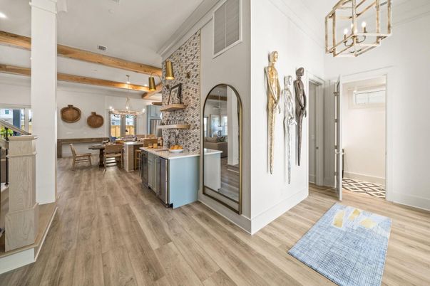 Chandelier, Dining room, Interior, Kitchen, Pendant Lights, Wooden Beams, Wood Texture Flooring