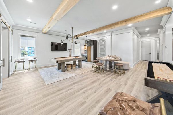 Billiard Table, Game Room, Interior, Pendant Lights, Recessed Lighting, Wooden Beams, Wood Texture Flooring