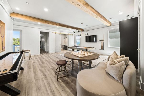 Billiard Table, Game Room, Interior, Living room, Pendant Lights, Recessed Lighting, Wooden Beams, Wood Texture Flooring