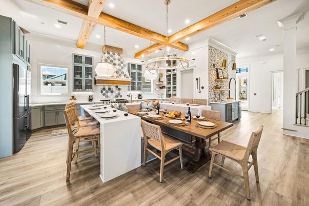 Chandelier, Dining room, Interior, Kitchen, Pendant Lights, Recessed Lighting, Wooden Beams, Wood Texture Flooring