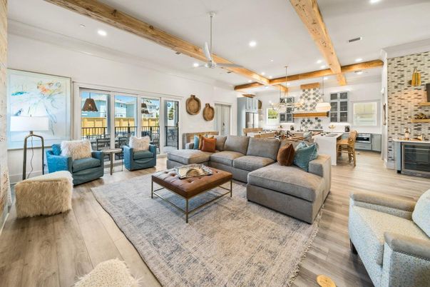 Dining room, Interior, Kitchen, Living room, Pendant Lights, Recessed Lighting, Wooden Beams, Wood Texture Flooring