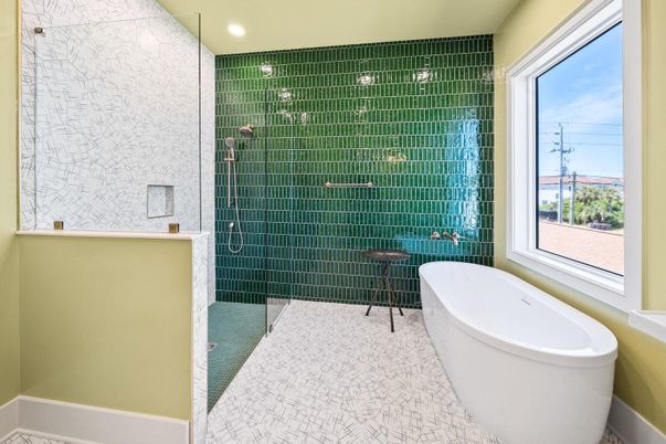 Bathroom, Free Standing Baths, Glass Shower, Interior, Recessed Lighting