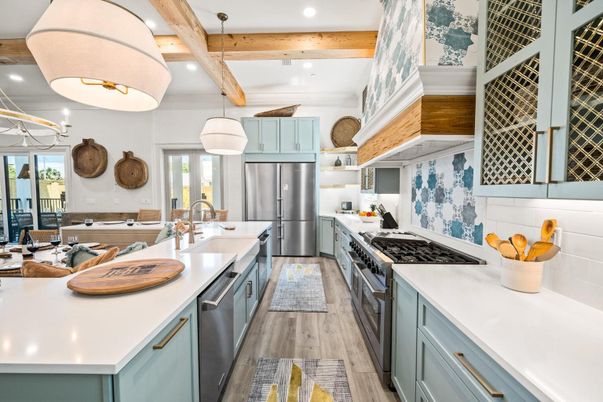 Interior, Kitchen, Pendant Lights, Recessed Lighting, Stainless Steel Appliances, Wooden Beams, Wood Texture Flooring