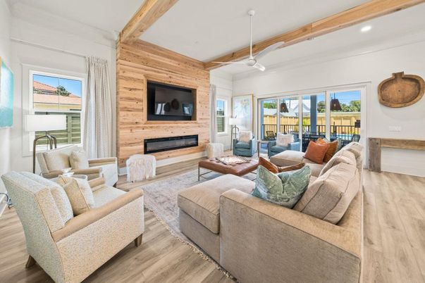 Fireplace, Interior, Living room, Recessed Lighting, Wooden Beams, Wood Texture Flooring, Wooden Walls