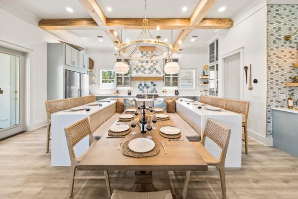 Chandelier, Dining room, Interior, Kitchen, Pendant Lights, Recessed Lighting, Wooden Beams, Wood Texture Flooring