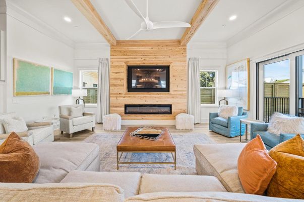 Fireplace, Interior, Living room, Recessed Lighting, Wooden Beams, Wood Texture Flooring, Wooden Walls